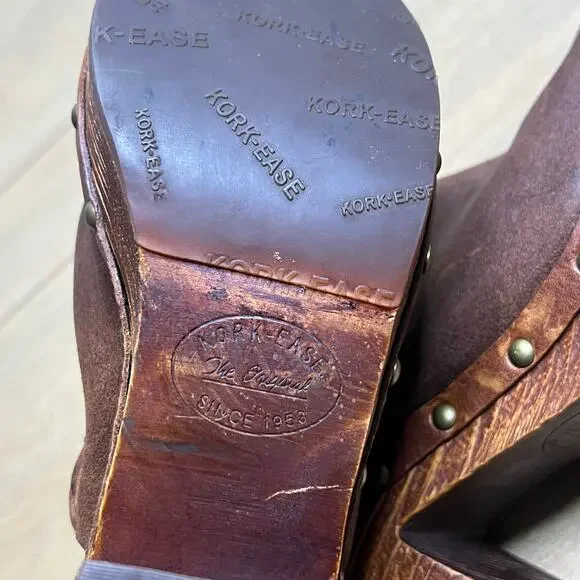 Kork-Ease Leather Platform Clog Heels Womens 9M Brown Slingback Wood Studded - Picture 16 of 16